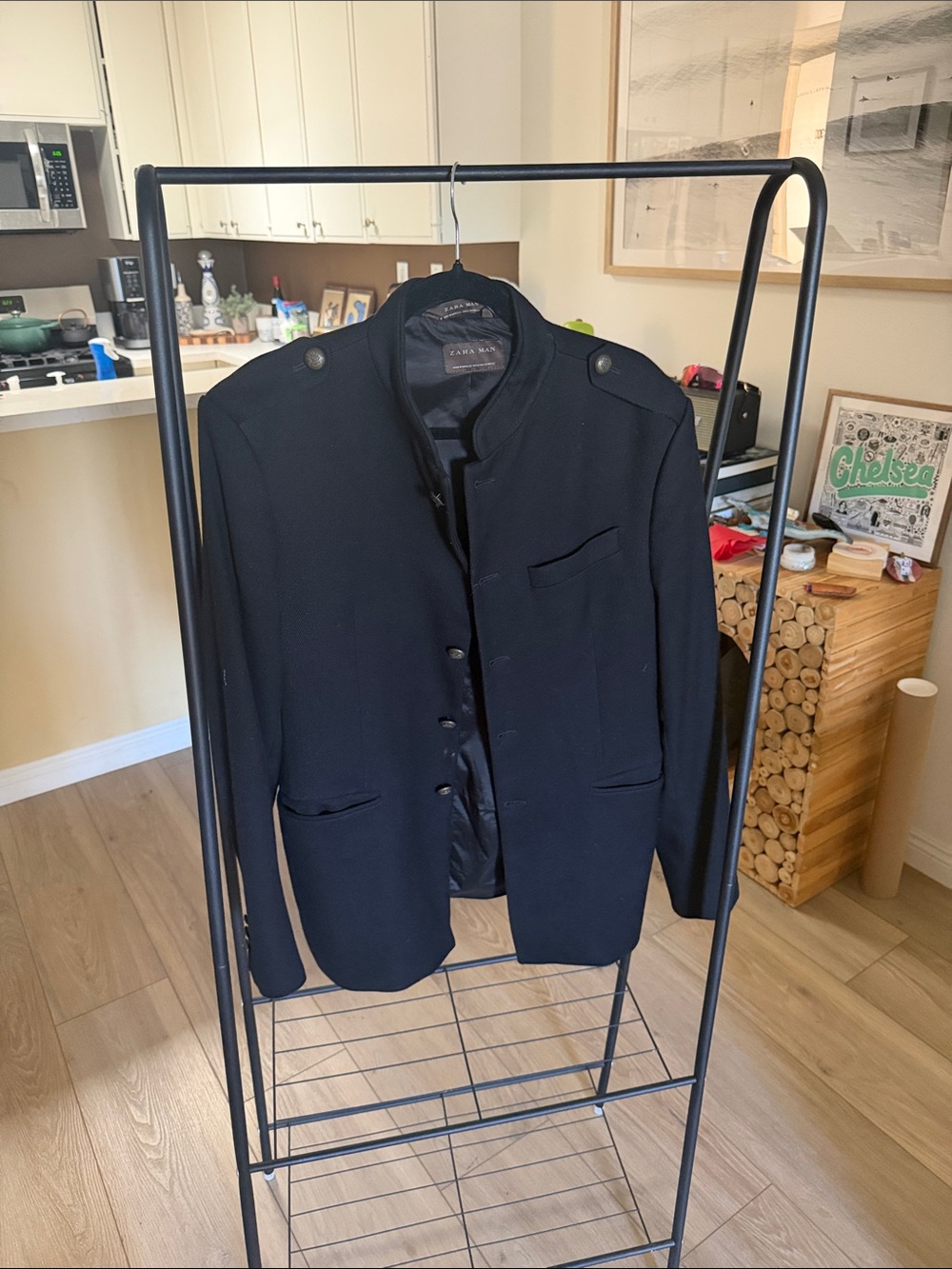 ZARA MAN Black Military Stand Collar Blazer Jacket Epaulettes 42